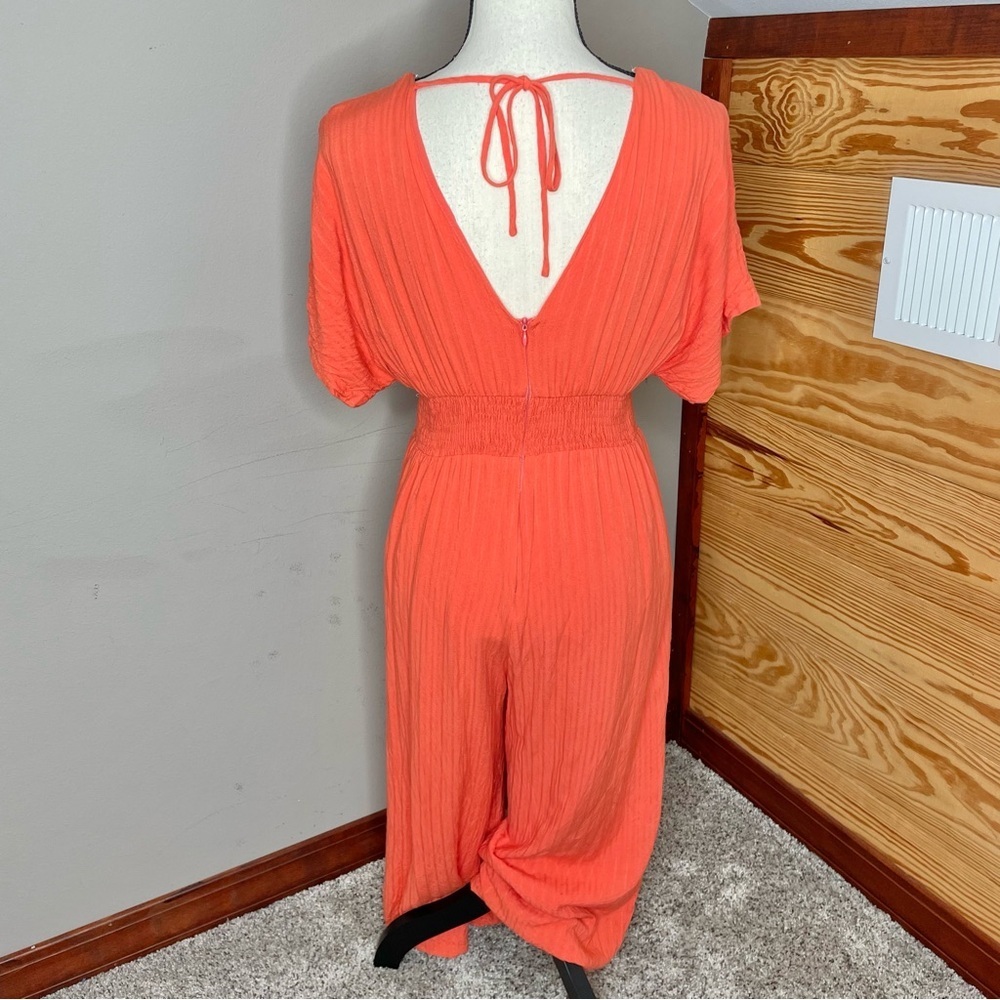Lulu's Coral V-Neck Wide-Leg Smocked Jumpsuit - Picture 3 of 11